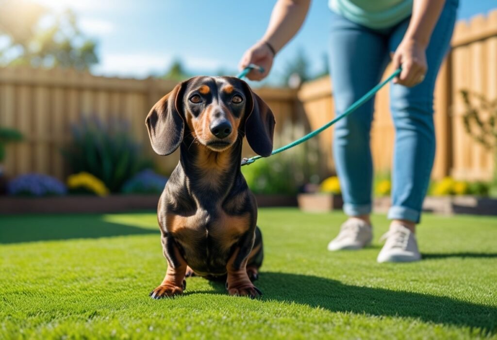 Stubborn Dachshund refusing to walk on leash while owner tries to train in backyard