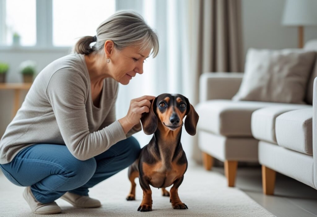 Owner checking Dachshund’s eyes and ears for early signs of infection or health issues.