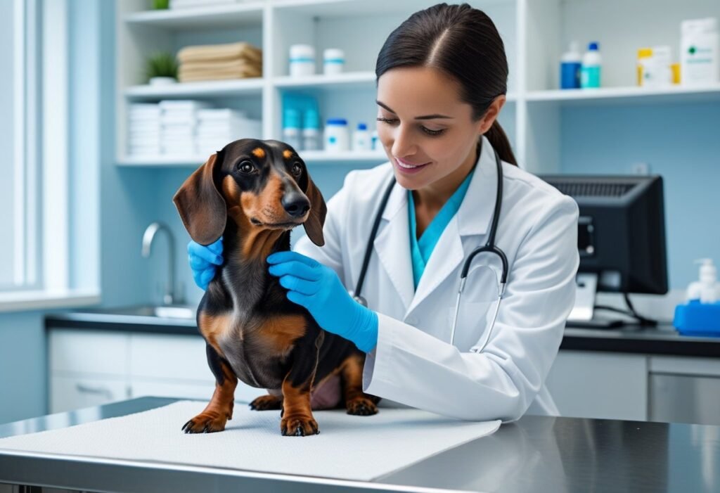 Vet examining Dachshund’s skin during checkup for allergies or skin infections.