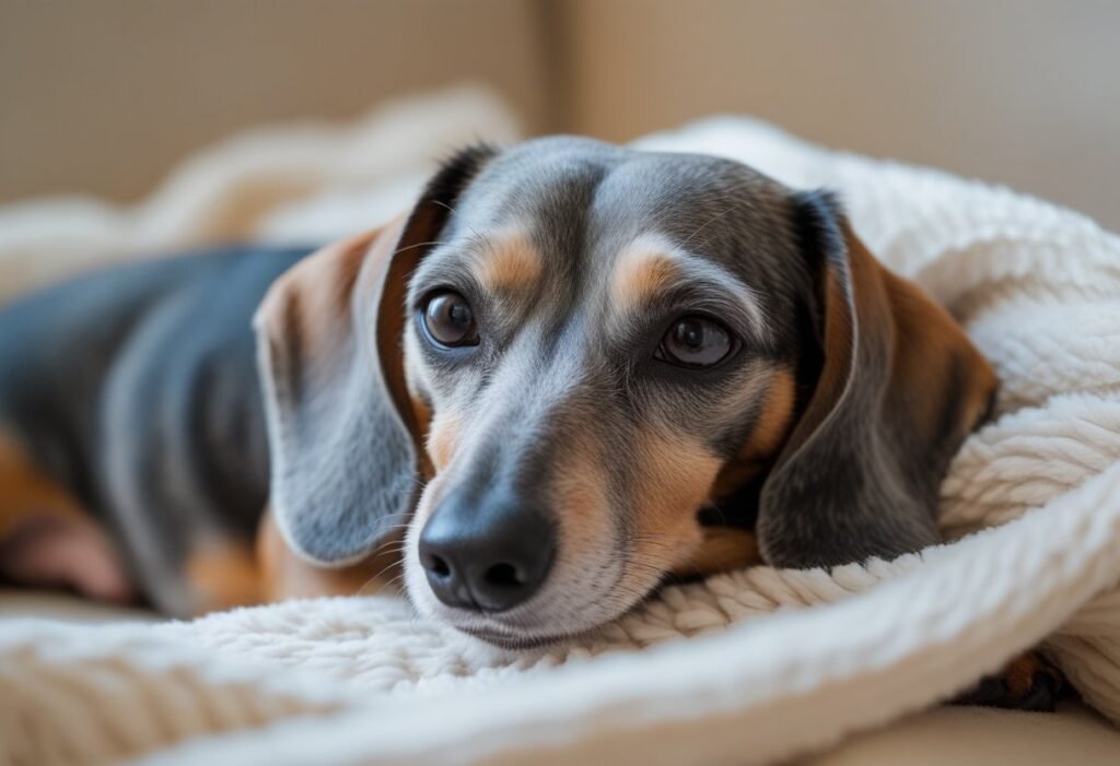 Senior Dachshund resting on a blanket, showing signs of age-related health care.