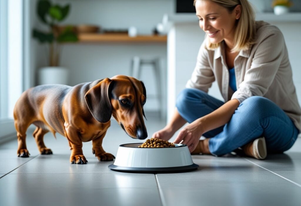 Healthy Dachshund eating from a bowl, representing a balanced diet for disease prevention.