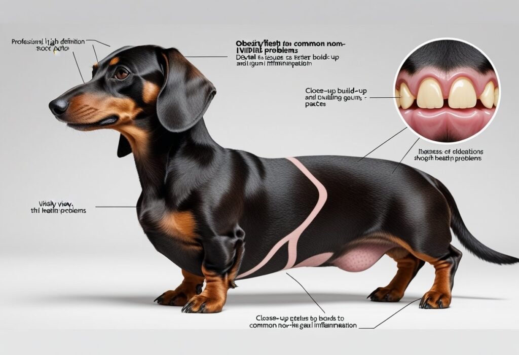 Diagram of Dachshund body showing common health risks like obesity and skin problems.