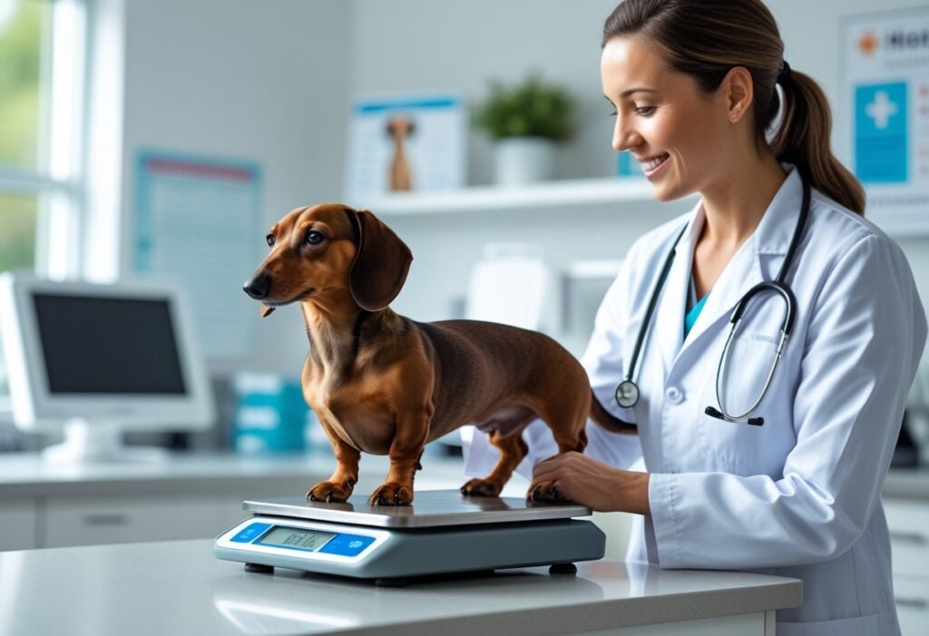 Dachshund being weighed at a vet clinic to monitor for obesity or weight-related issues