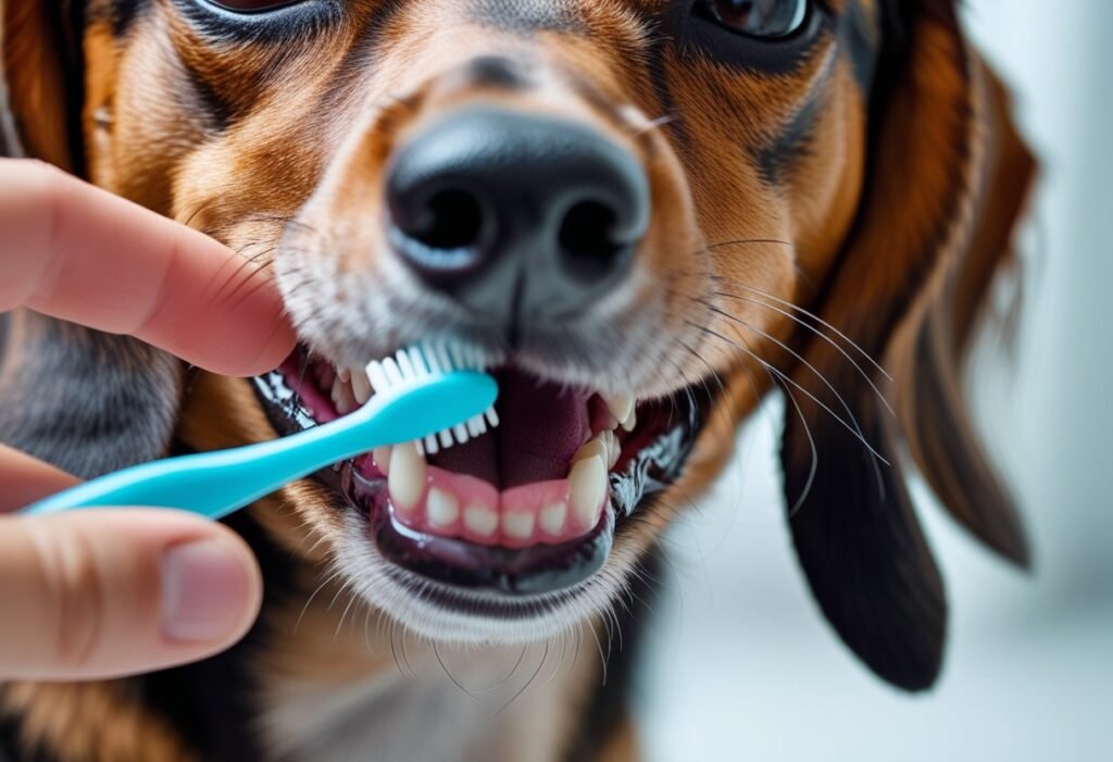 Close-up of Dachshund teeth during home dental care with toothbrush.