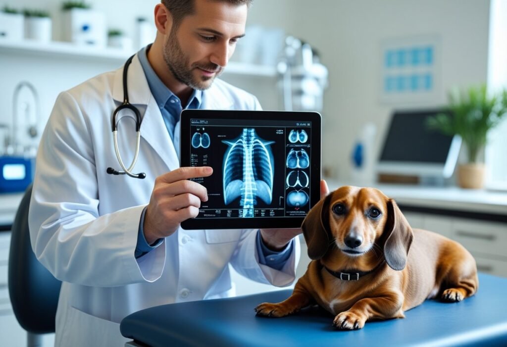 Vet reviewing Dachshund’s chest X-ray for internal health concerns beyond IVDD.