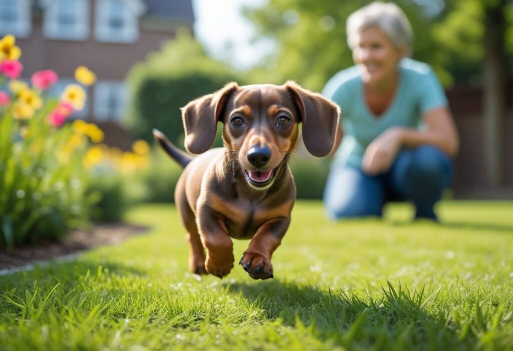 Dachshund playing outside under supervision to support overall health and fitness