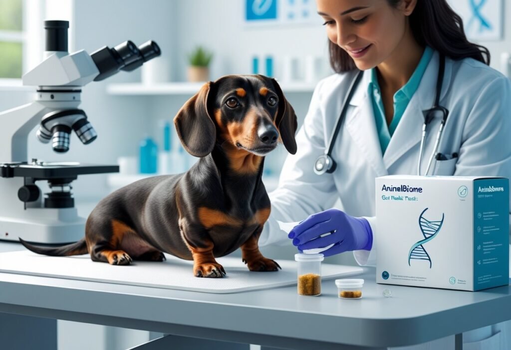 Vet check the dachshund and dachshund sitting calmly