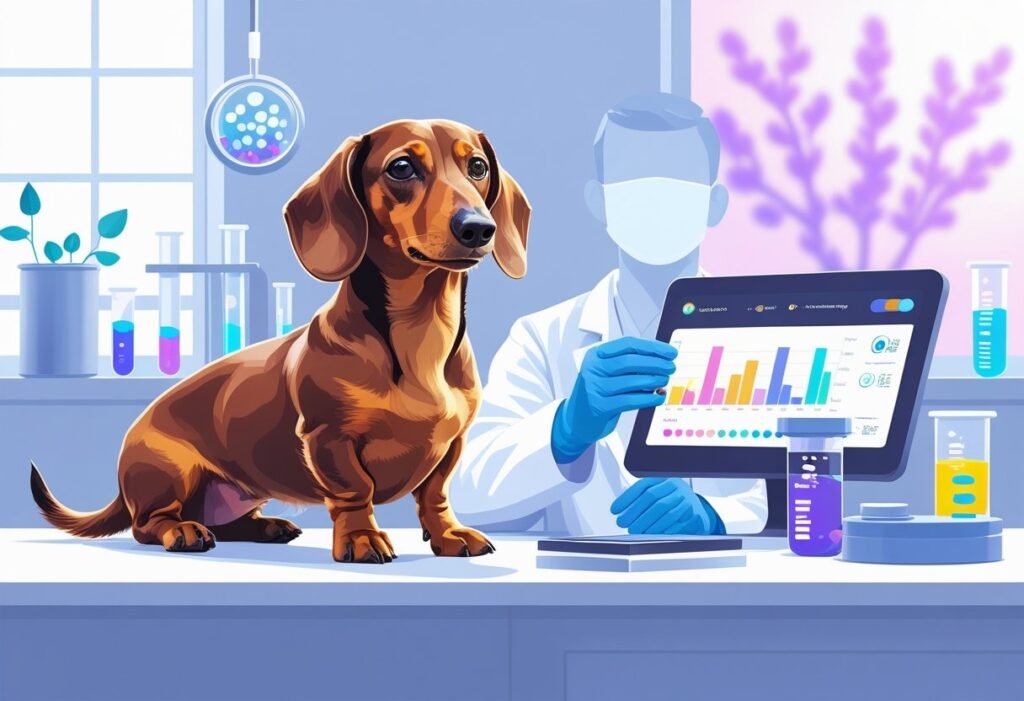 Vet check the result of texting while dachshund sit there happily