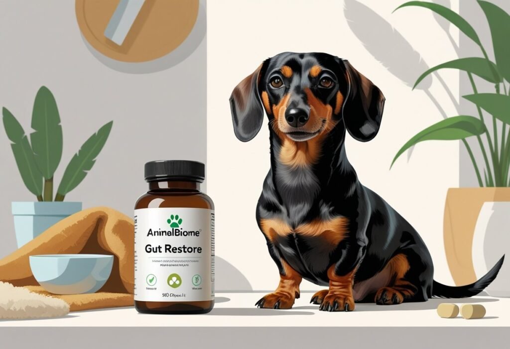Dachshund sitting near bottle of AnimalBiome Gut store capsule 