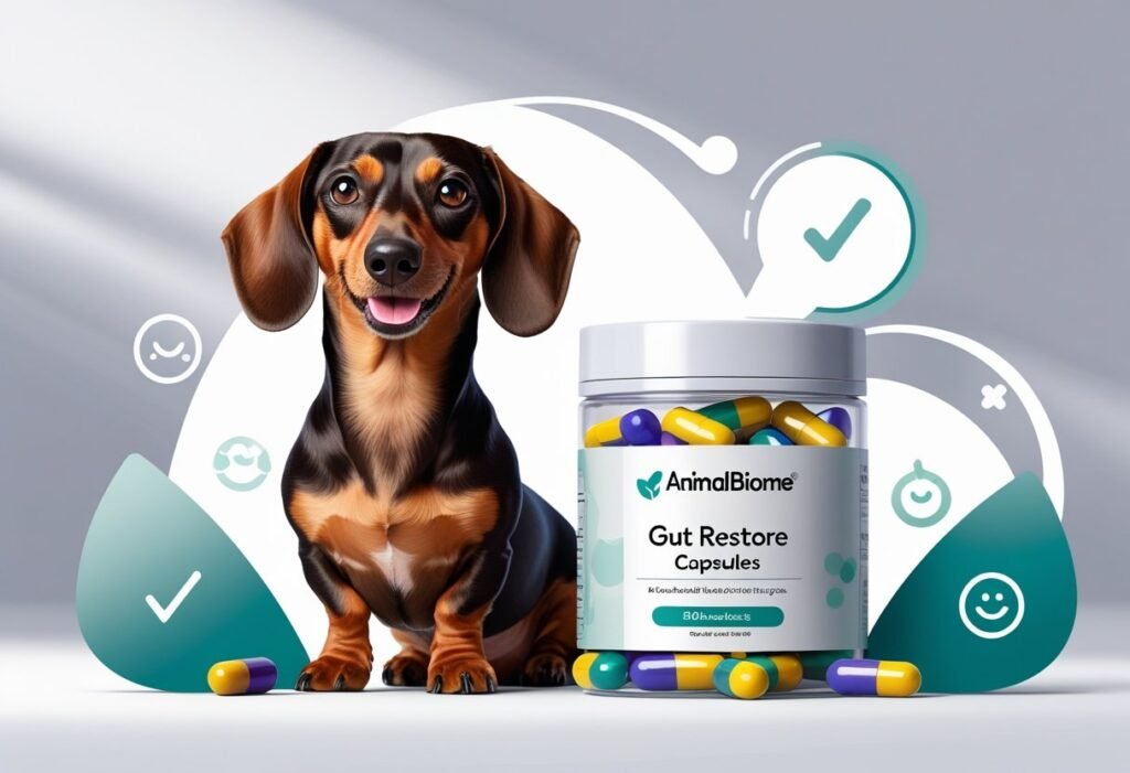 Calm and happy dachshund with gut store capsule