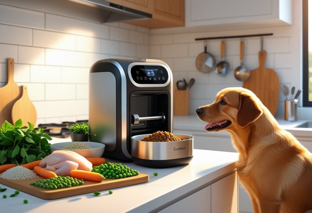 Happy dog with dog food making machine