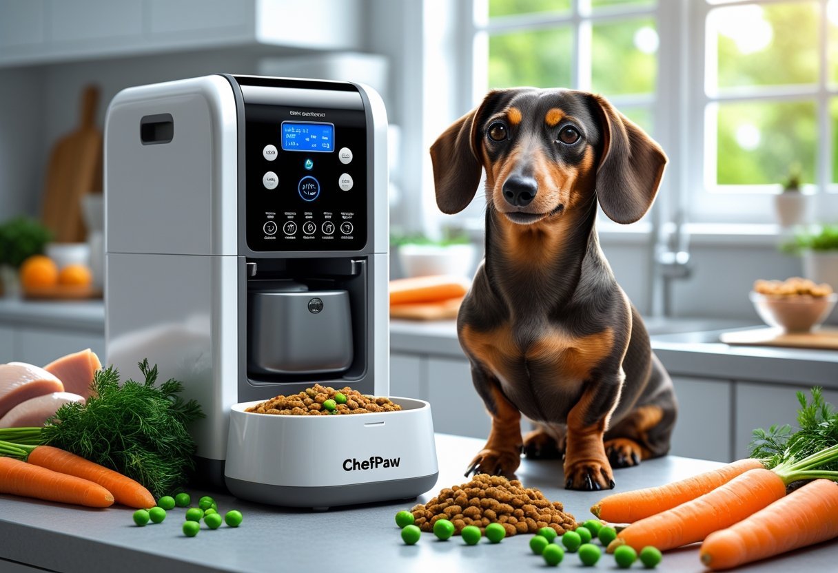 Dachshund sitting near food making machine of ChefPaw