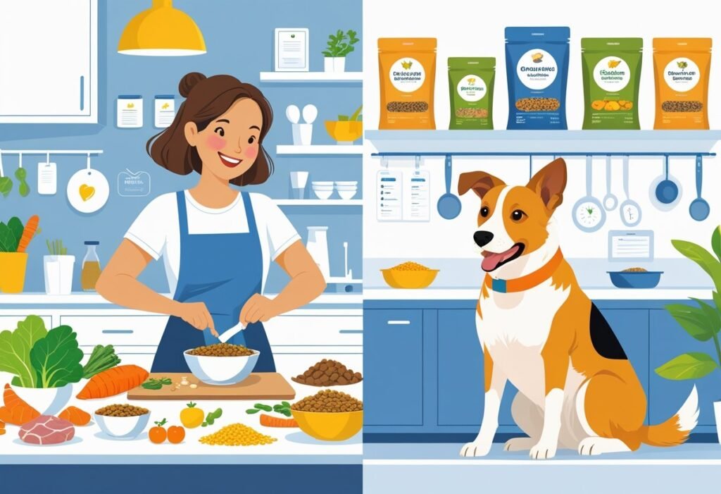 A pet parent preparing fresh dog food in a kitchen with a happy dog watching, contrasted with a display of commercial dog food products and a dog sitting beside them.