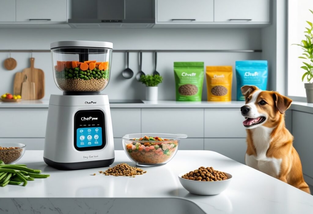 Dog calming waiting for complete process of making food in ChefPaw machine