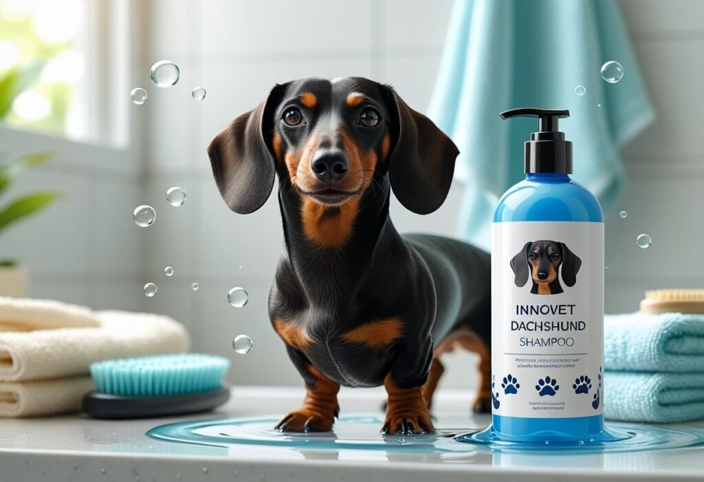 Dachshund standing behind the bottle of innovet pet shampoo