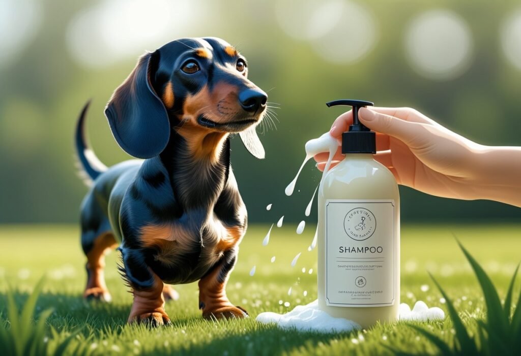 dachshund taking bath in the grass with innovet shampoo