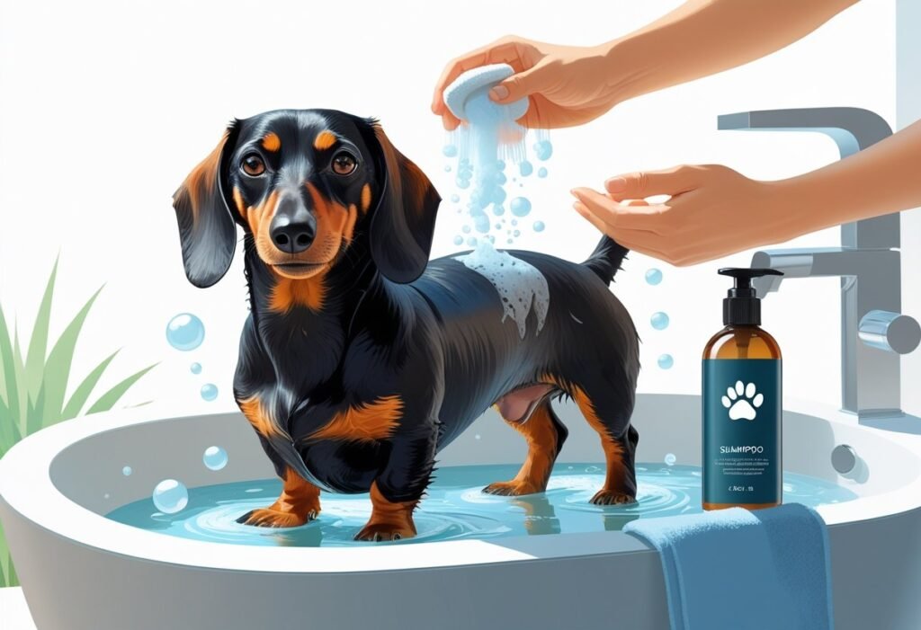 Dachshund take bath in bathtub with best shampoo for dry skin