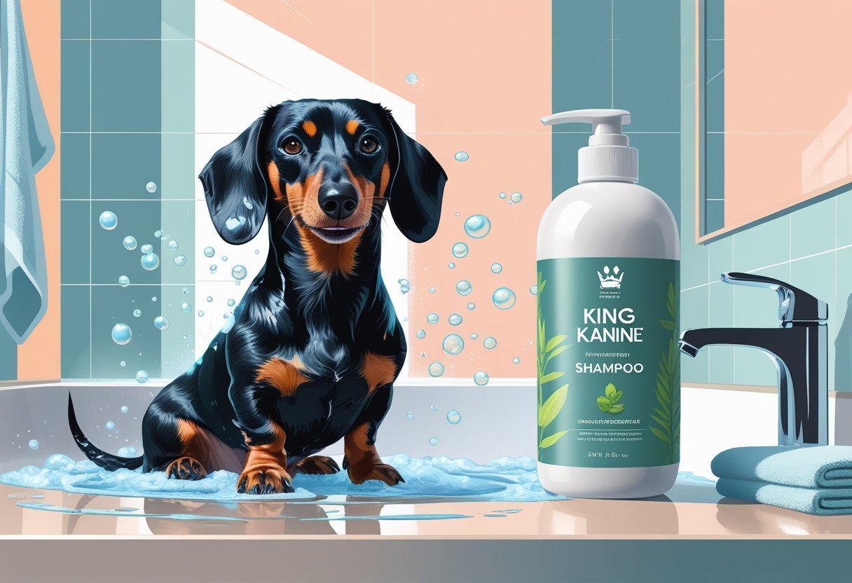 King Kanine shampoo bottle and dachshund standing behind