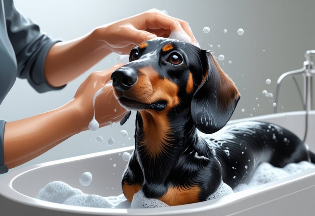 Dachshund taking bath