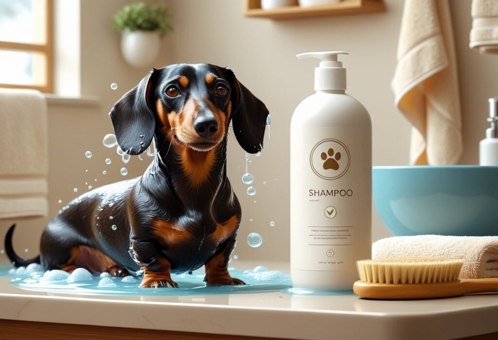 Dachshund happily taking bath and shampoo bottle is there