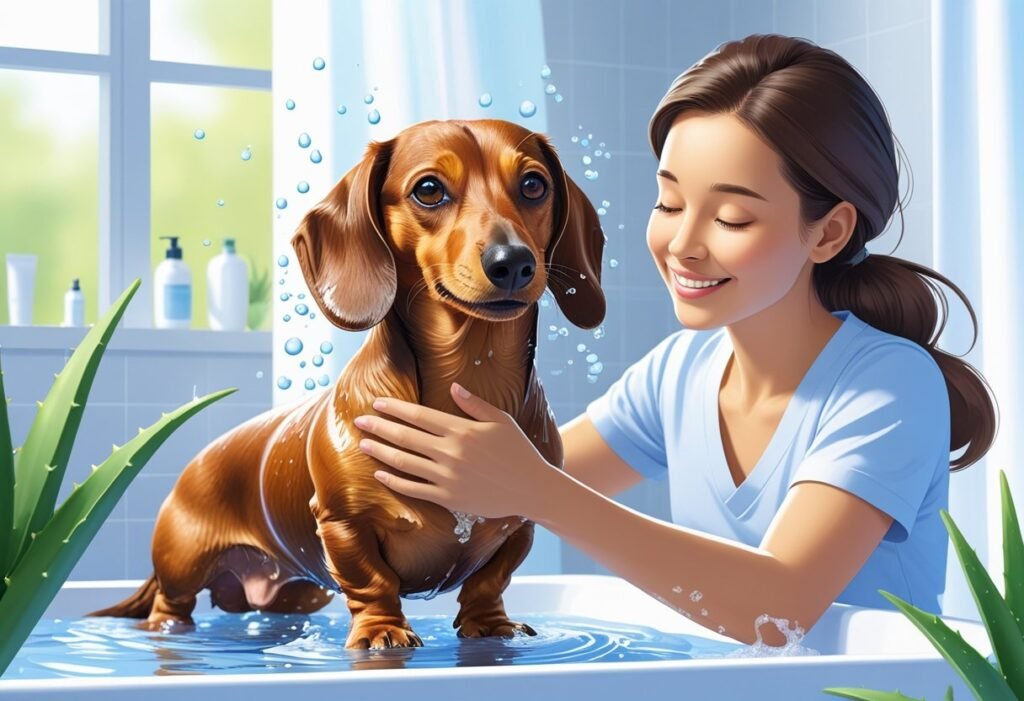 Dachshund owner bath his dachshund