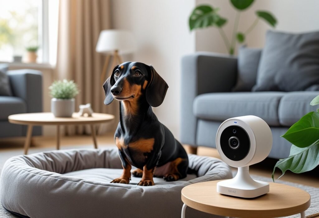 A small Dachshund dog sitting on a dog bed in a living room with a Petcube camera on a side table aimed at the dog.