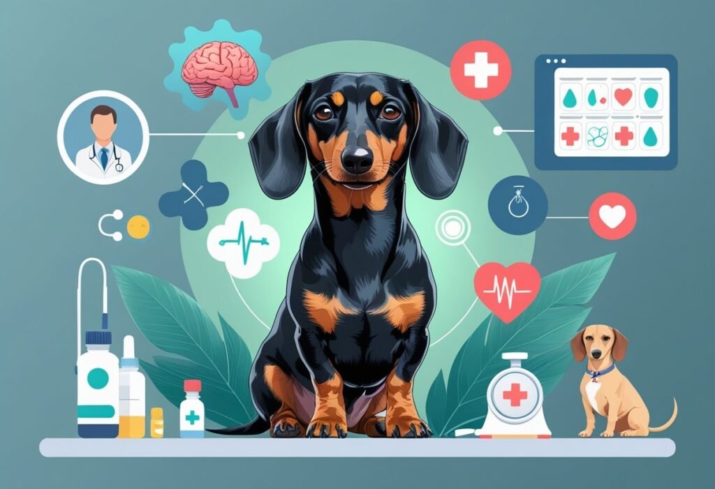 A dachshund showing signs of aggression in a veterinary setting, with a vet examining the dog and medical symbols representing health factors influencing its behavior.