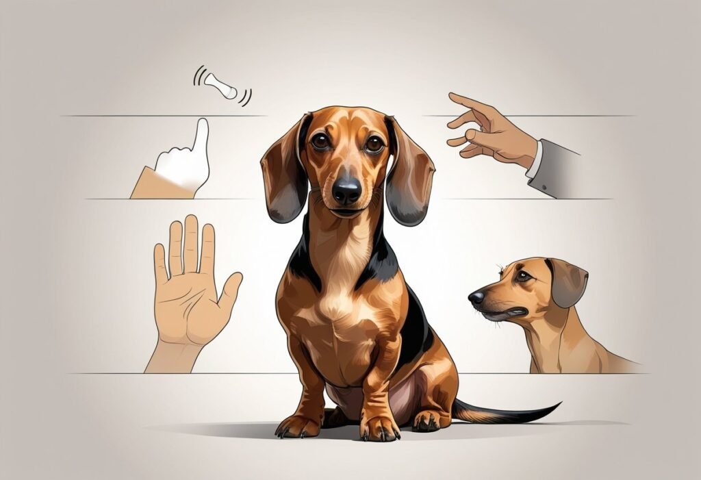 A calm dachshund sitting with symbols around it representing common triggers of aggression.