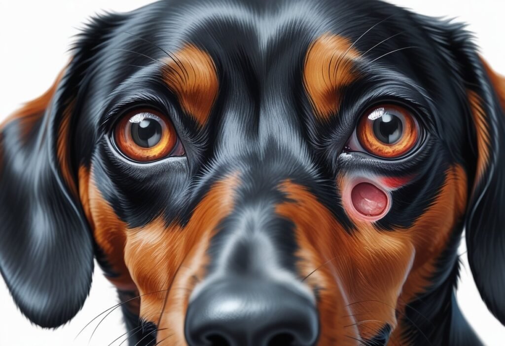 Close-up view of a dachshund's face showing one healthy eye and one eye with redness and swelling indicating an eye problem.