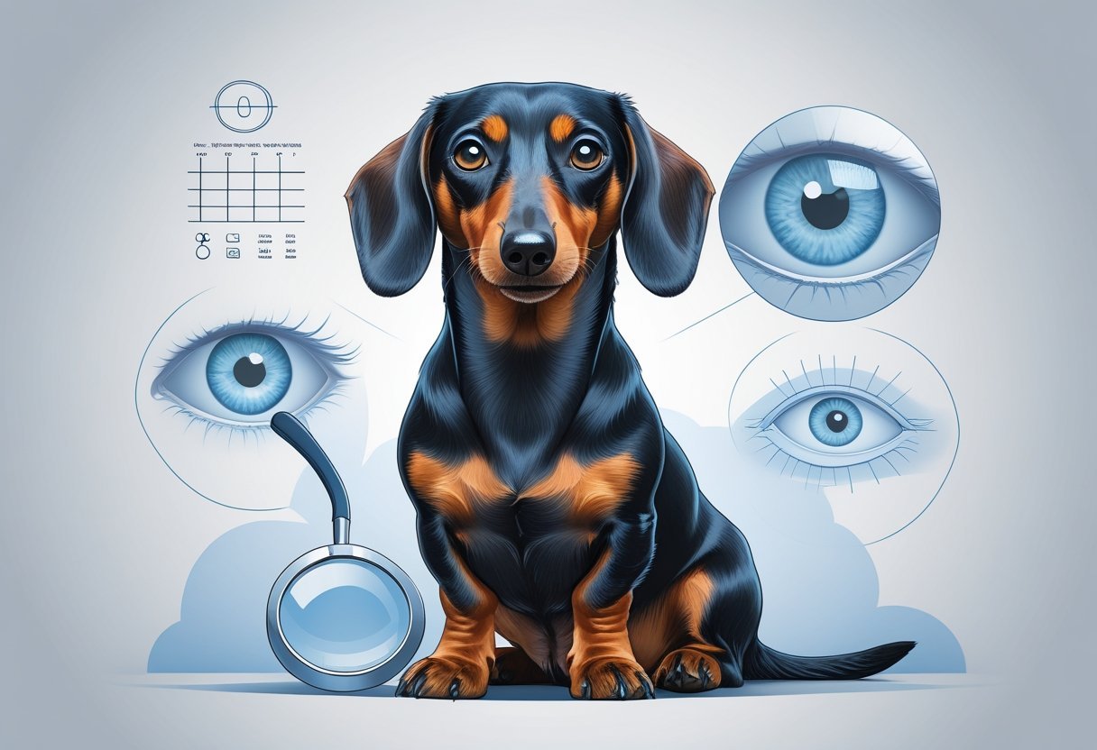 A dachshund dog sitting with clear eyes surrounded by medical icons related to eye health.