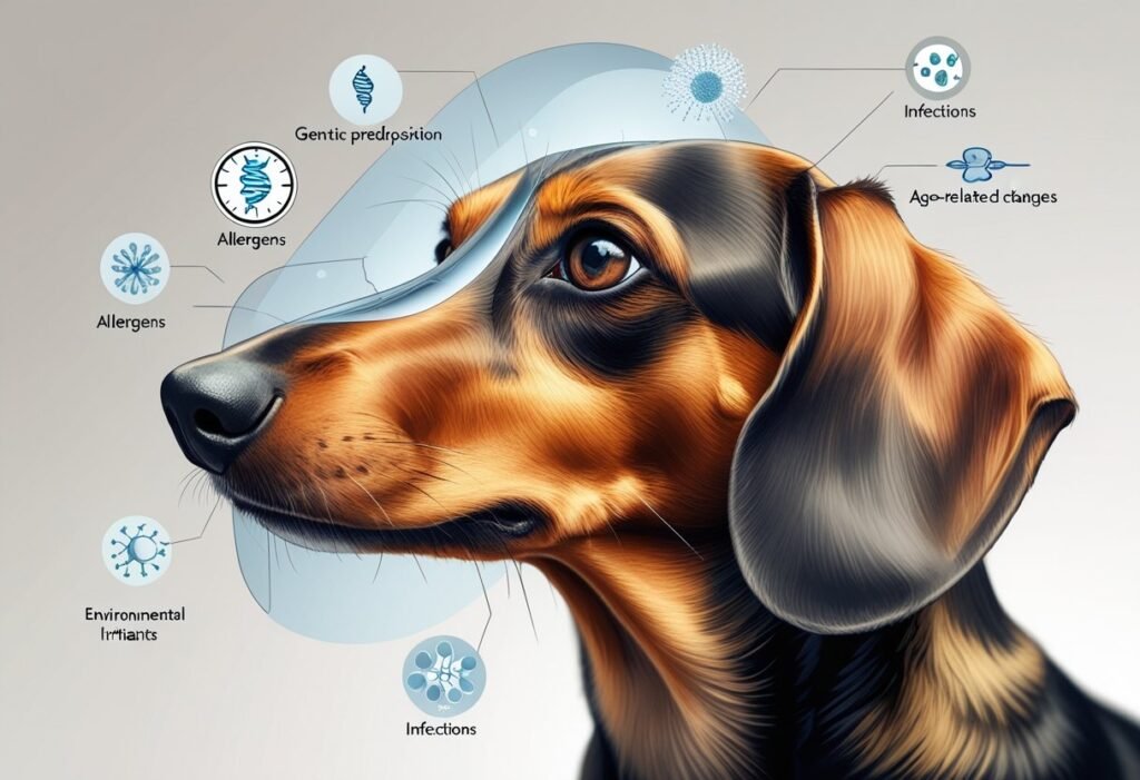 Side view of a dachshund dog with highlighted eyes surrounded by icons representing allergens, genetics, age, infections, and environmental irritants affecting eye health.