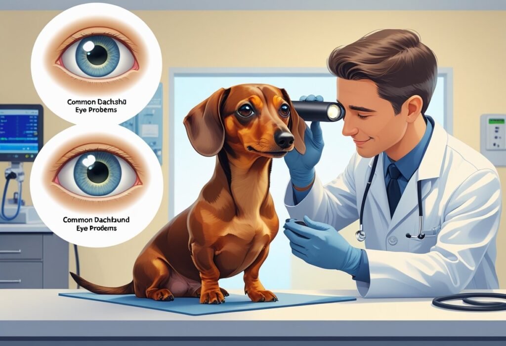 A veterinarian examining the eyes of a calm dachshund on an exam table, with small illustrations showing common dachshund eye problems nearby.