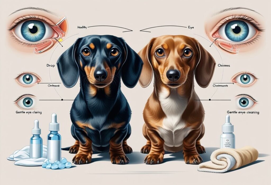 A dachshund dog with healthy eyes and another with eye problems, surrounded by illustrations of eye treatments like drops and ointments.