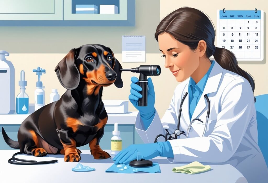 A veterinarian examining the eyes of a calm dachshund in a veterinary office, with eye care tools nearby.