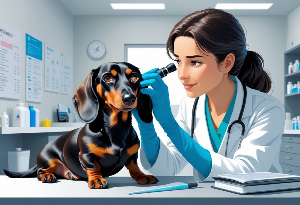A dachshund dog with eye irritation being examined by a veterinarian in a veterinary clinic.