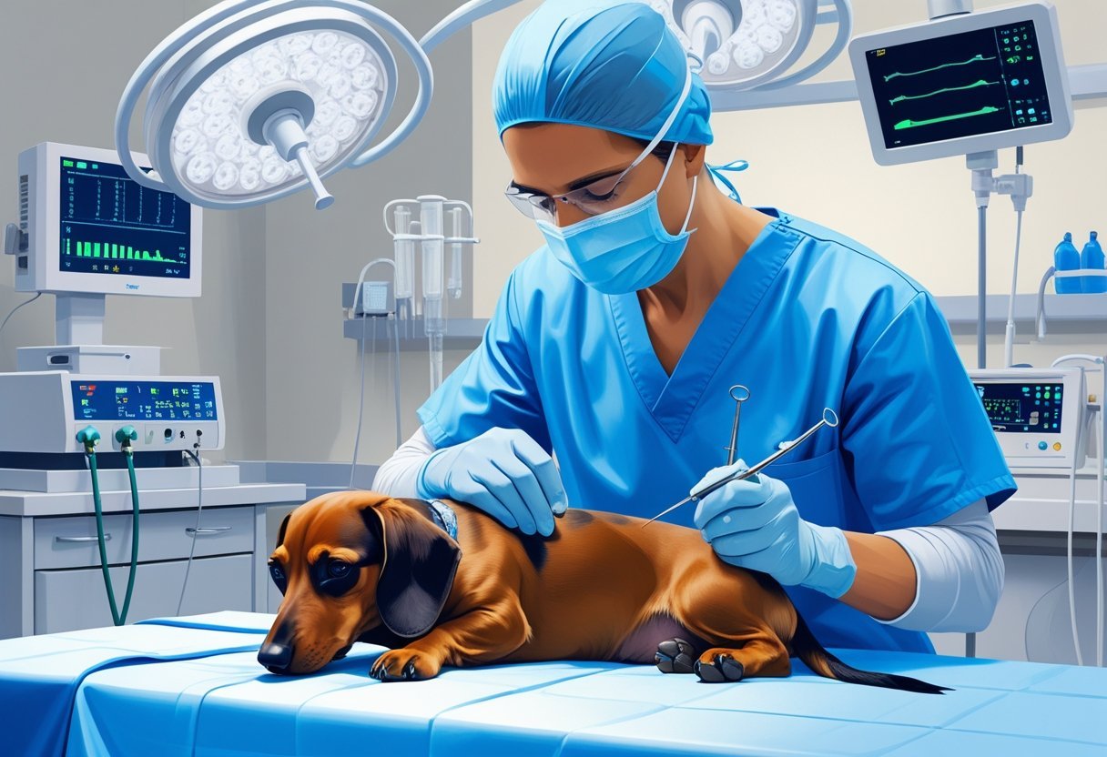 A dachshund dog lying on a surgical table while a veterinarian performs a neutering procedure in a veterinary clinic.