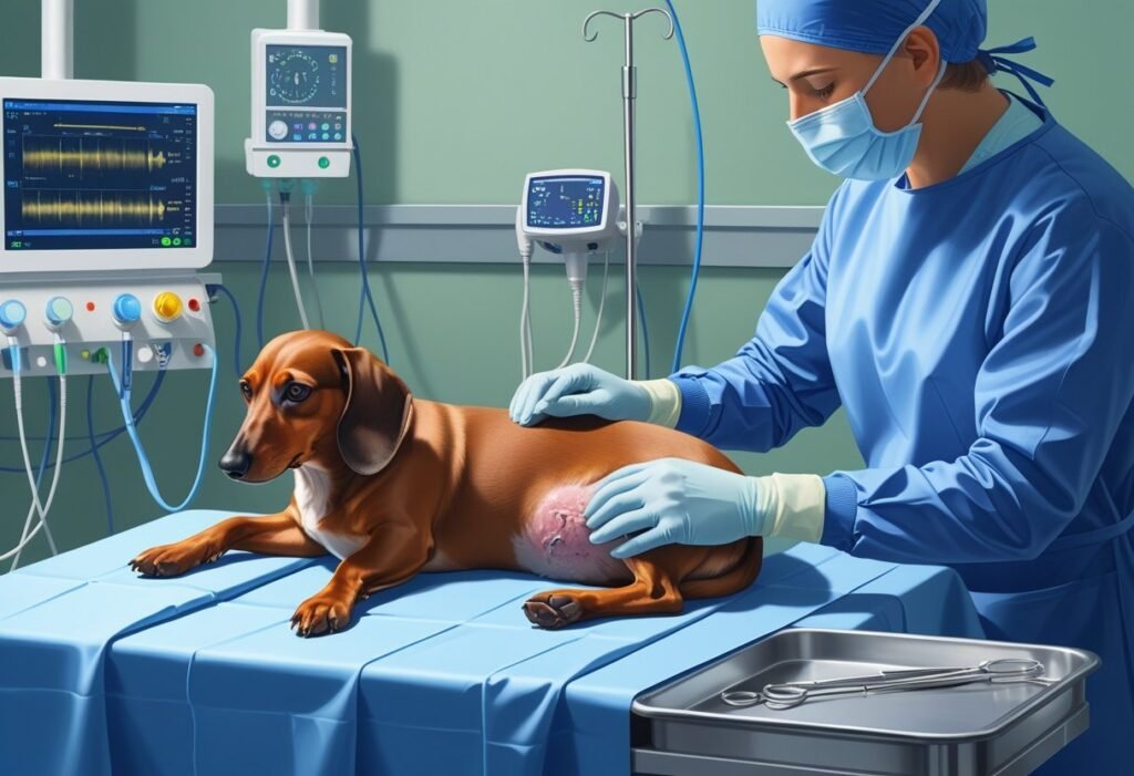 neutering dachshund - A dachshund lying on a veterinary examination table while a veterinarian performs a neutering surgery, with surgical tools and medical equipment visible.