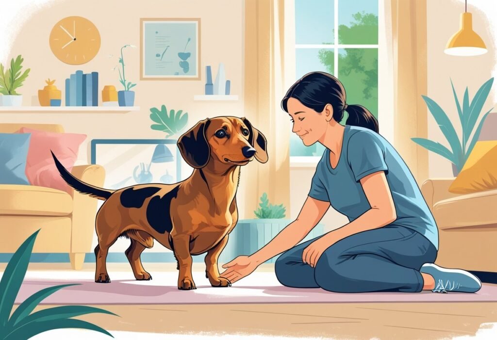 A dachshund in a home environment showing cautious behavior while a calm person gently pets it, with elements like a tidy room and greenery outside.