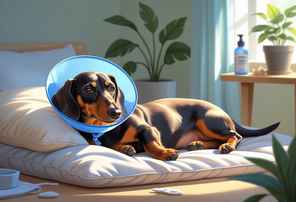 A dachshund resting on a soft bed with a medical cone around its neck in a cozy indoor setting.