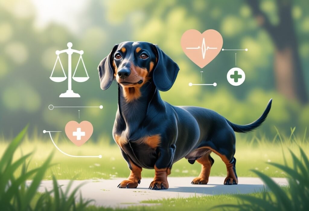 A calm dachshund standing on grass outdoors with symbols representing health and balanced behavior around it.