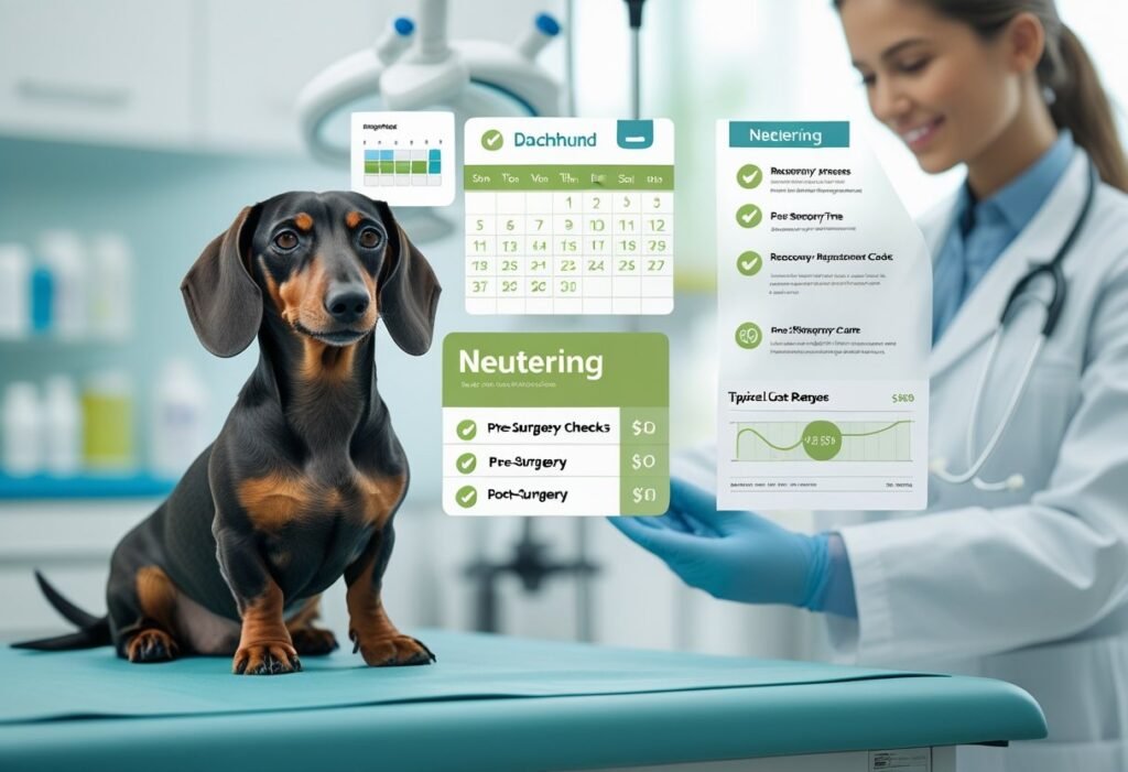 A Dachshund sitting on a veterinary examination table with a veterinarian gently holding its paw, surrounded by symbols representing surgery preparation, recovery time, and medical costs.