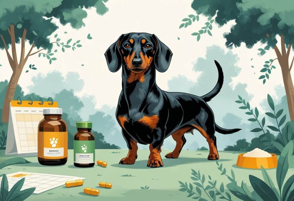 A dachshund in a park with a veterinarian and owner discussing care options, alongside natural supplements and a leash for exercise.
