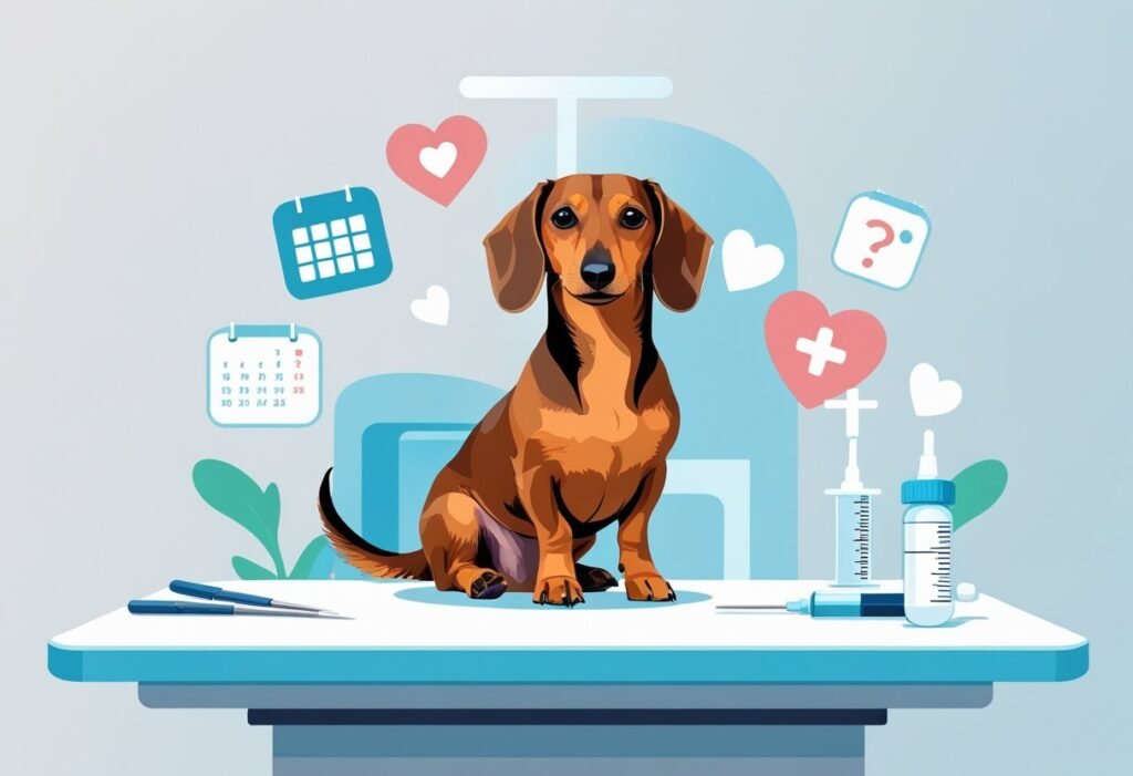 A dachshund sitting calmly on a veterinary examination table with medical icons around it in a clinic setting.