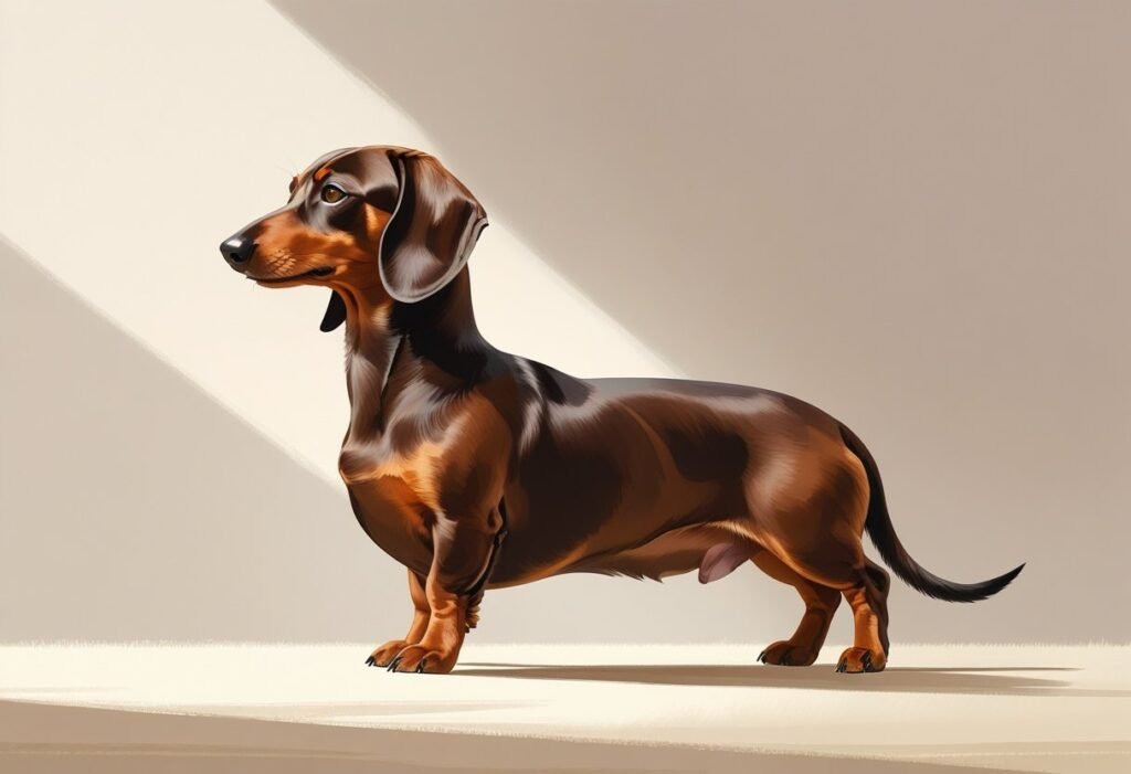 A pregnant dachshund standing calmly with a rounded belly on a plain background.