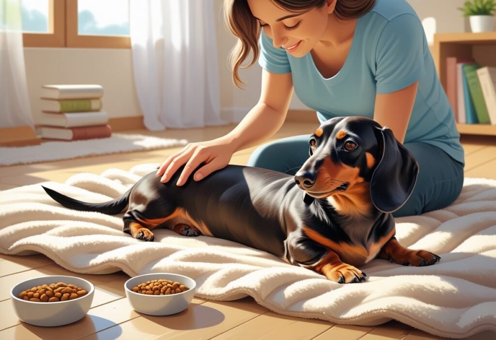 A pregnant dachshund lying on a blanket being gently petted by a person in a bright room with dog food and water nearby.