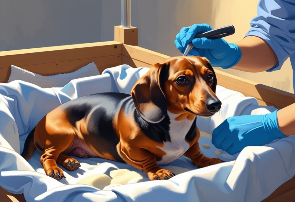A female dachshund lying in a whelping box preparing to give birth, with a person nearby monitoring the process.