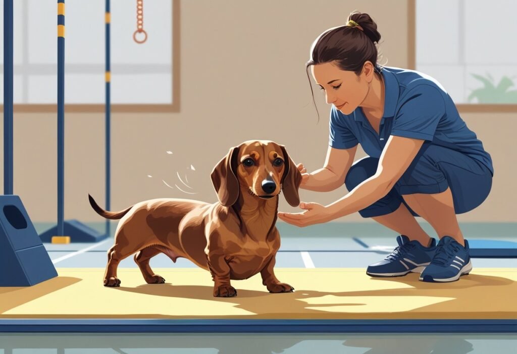 A dachshund being gently trained by a person in a calm indoor setting with training equipment visible.