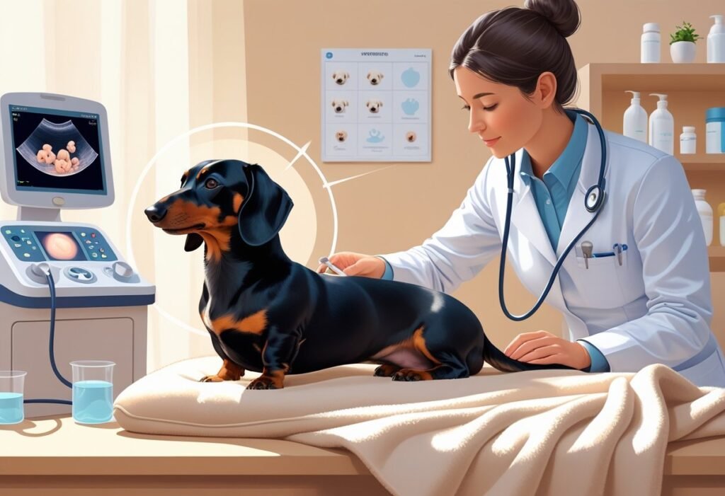 A pregnant dachshund lying on a blanket in a veterinary clinic while a veterinarian gently examines her, with medical equipment nearby.