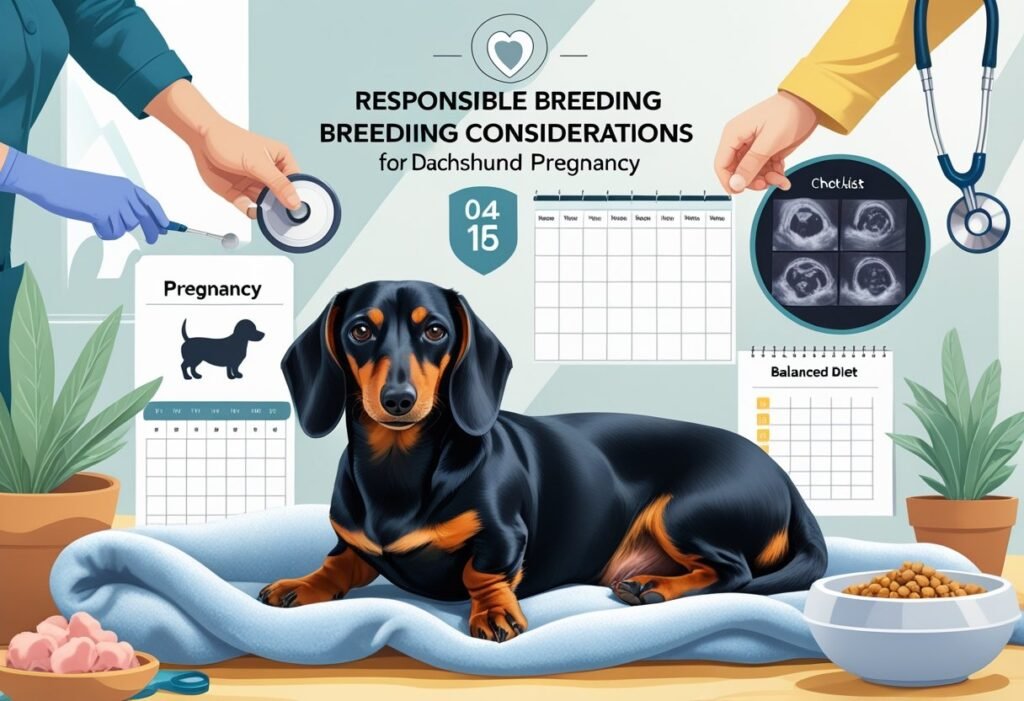 A female dachshund resting comfortably indoors while a veterinarian examines her, with visual elements representing pregnancy care and responsible breeding.
