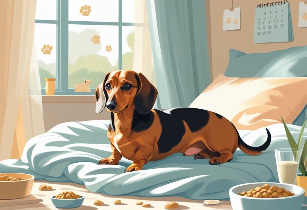 A dachshund resting comfortably on a soft blanket in a cozy room with a dog bed, food bowl, and a calendar nearby, suggesting pregnancy and care.